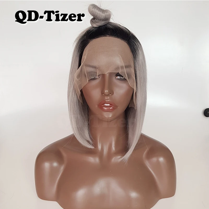 QD-Tizer 1B серые парики шнурка спереди прямые Омбре Парики волос Короткие парики боб средний пробор для женщин