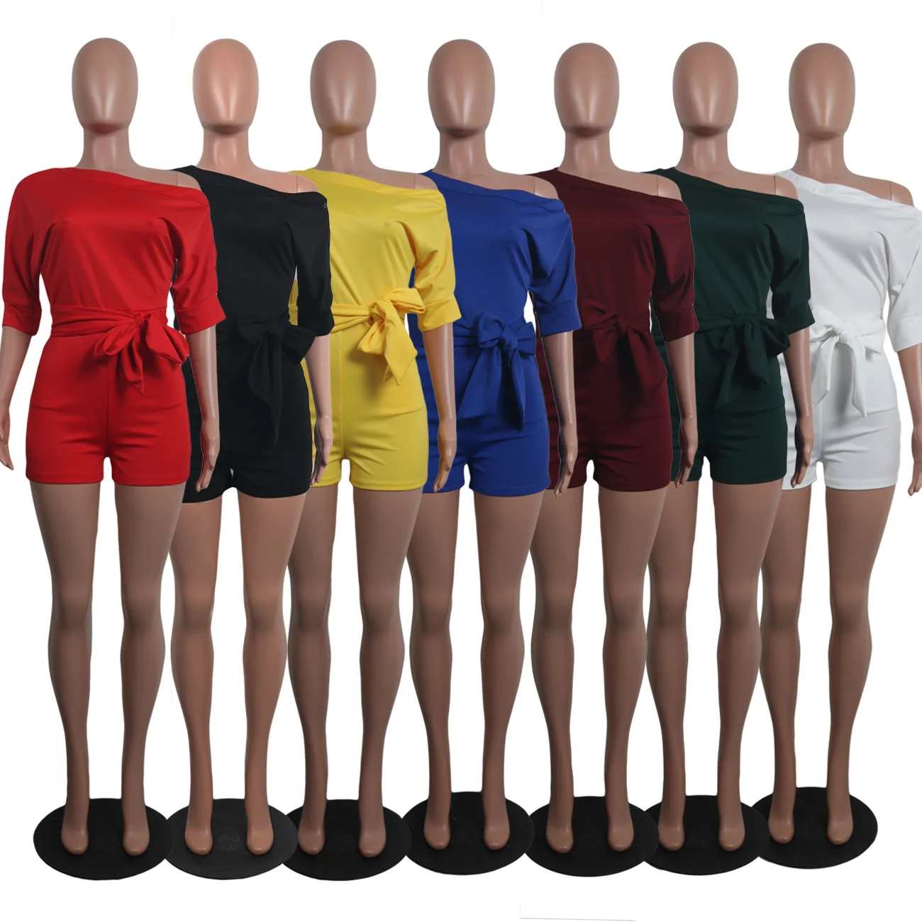 

2019 Women's Casual Jumpsuit Classic Solid Color Diagonal Collar Button Belt Design Fashion Style sexy