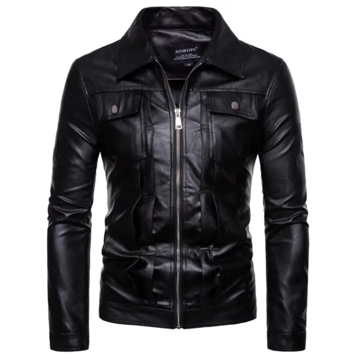 Кожаная куртка для мотоциклистов черная с карманами S 2XL|Куртки из искуственной