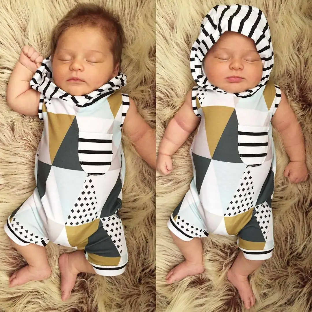 1pcs Fashion Summer Baby Boy Kid Clothing Hooded Sleeveless Cute Jumpsuit Outfits Geometric pattern Boys Clothes |