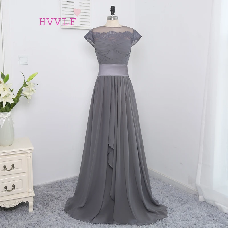 

Real Photo Gray Cheap Bridesmaid Dresses A-line Cap Sleeves Chiffon Lace Long Wedding Party Dresses