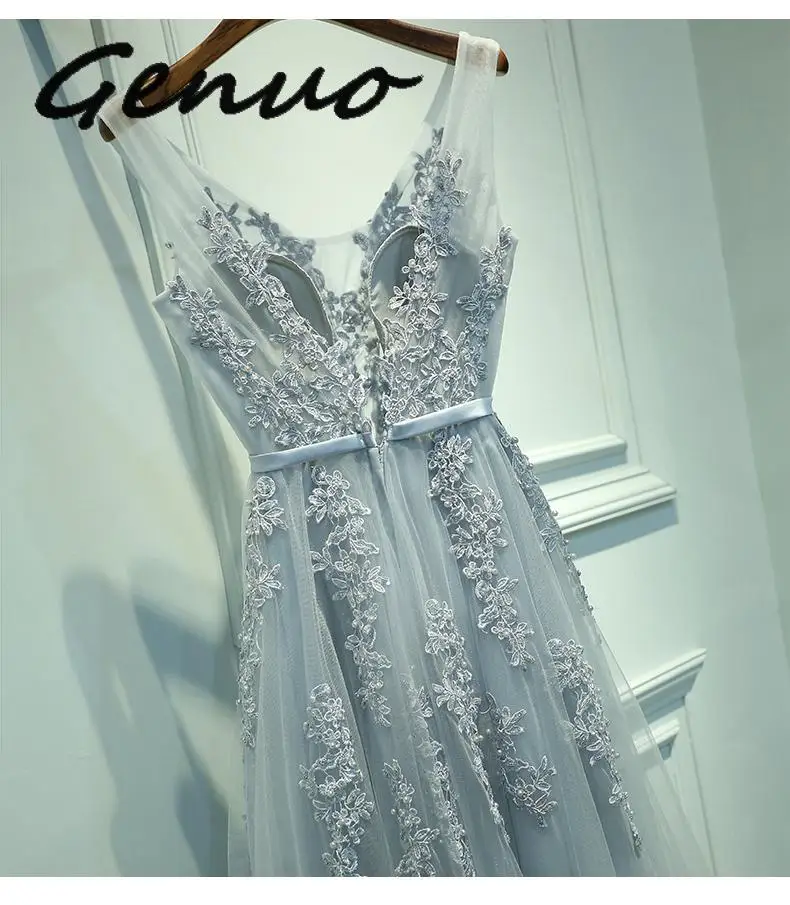 Genuo Новое сексуальное платье с v-образным вырезом Robe De Soiree Высокое качество Серый Тюль с аппликацией платья настоящая фотография vestido de festa