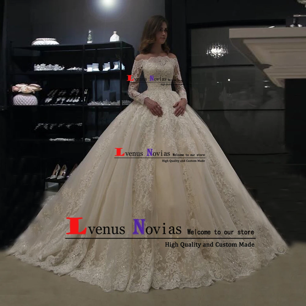 Vestido novia, винтажное бальное платье с вырезом лодочкой, свадебные платья, свадебное платье для невесты, роскошное кружевное свадебное платье с бусинами и длинным рукавом