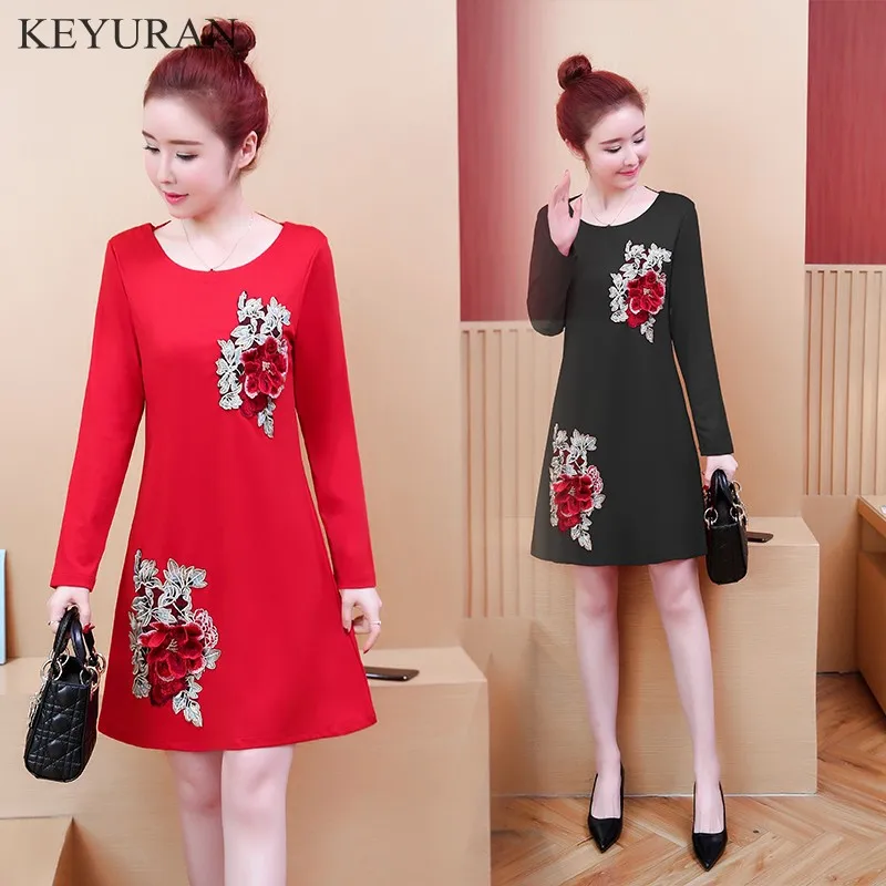 Women 3D Flower Embroidery Black Red Dress Spring Autumn Plus Size 5XL Long Sleeve Vintage Dresses For Ladies Vestidos De Festa | Женская