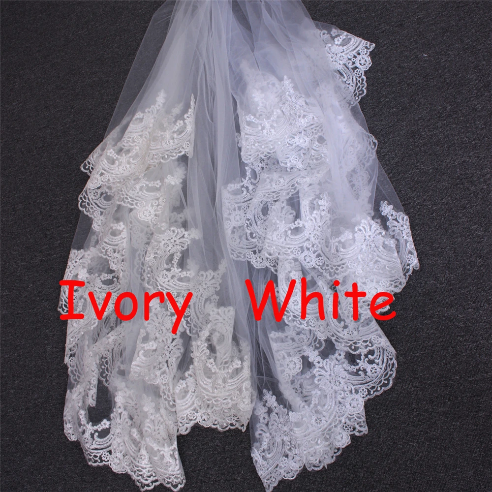 Белый/слоновая кость 3 м собор Длина кружевная Край свадебная Фата с расческой
