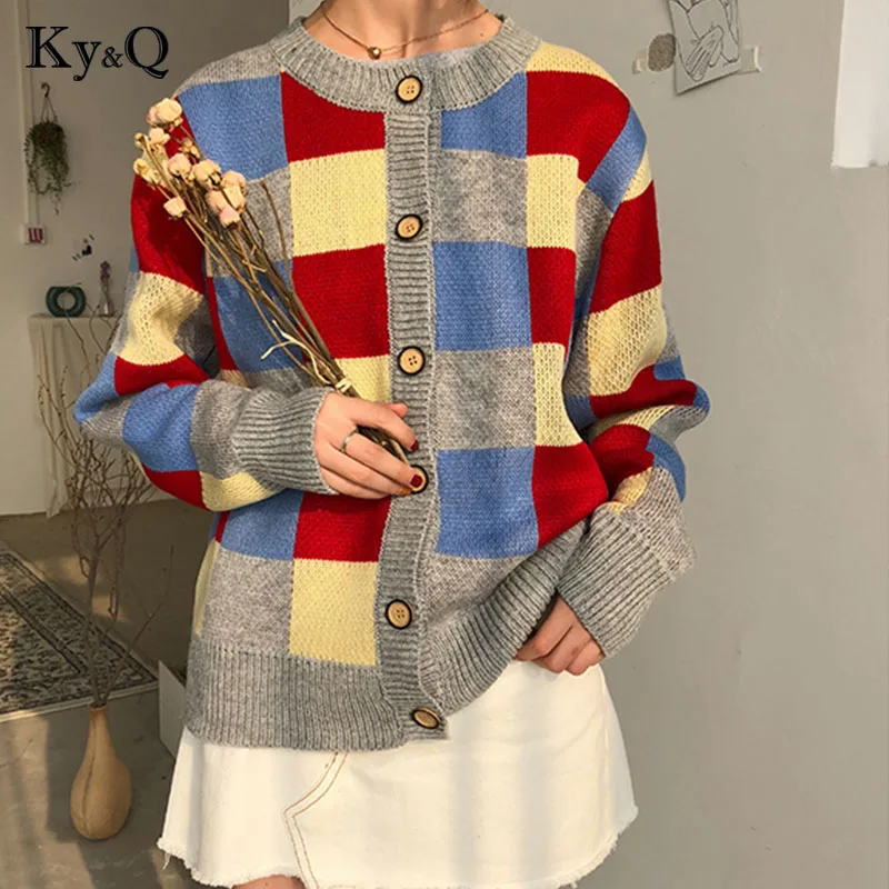 2018 Winter Colorful patchwork plaid sweaters womens sweet cardigans Long Sleeve Female Girl outwear coats Knitted Clothing |