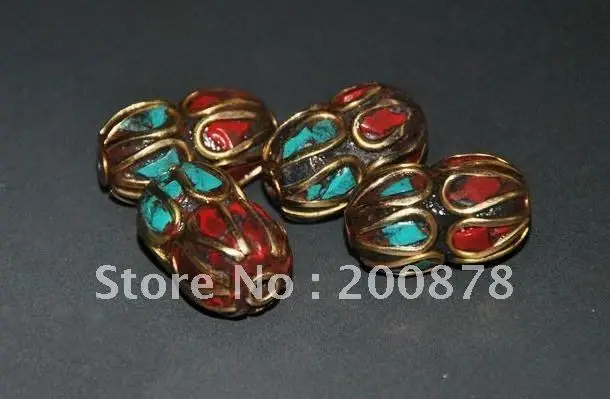

10PCS DIY Handmade Metal Beads Nepalese inlaid Colorful Stone Bean Beads NBB377