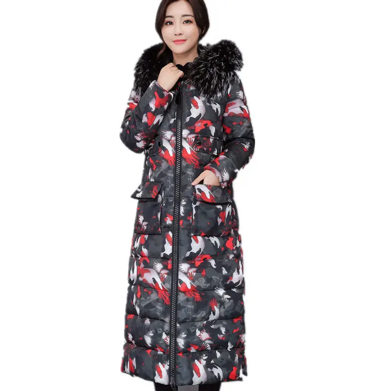 Winter Jacket Women Camouflage Maxi Coats Hooded Over Knee Long Parka Chaqueta Mujer Fur Collar Coat C3741 | Женская одежда