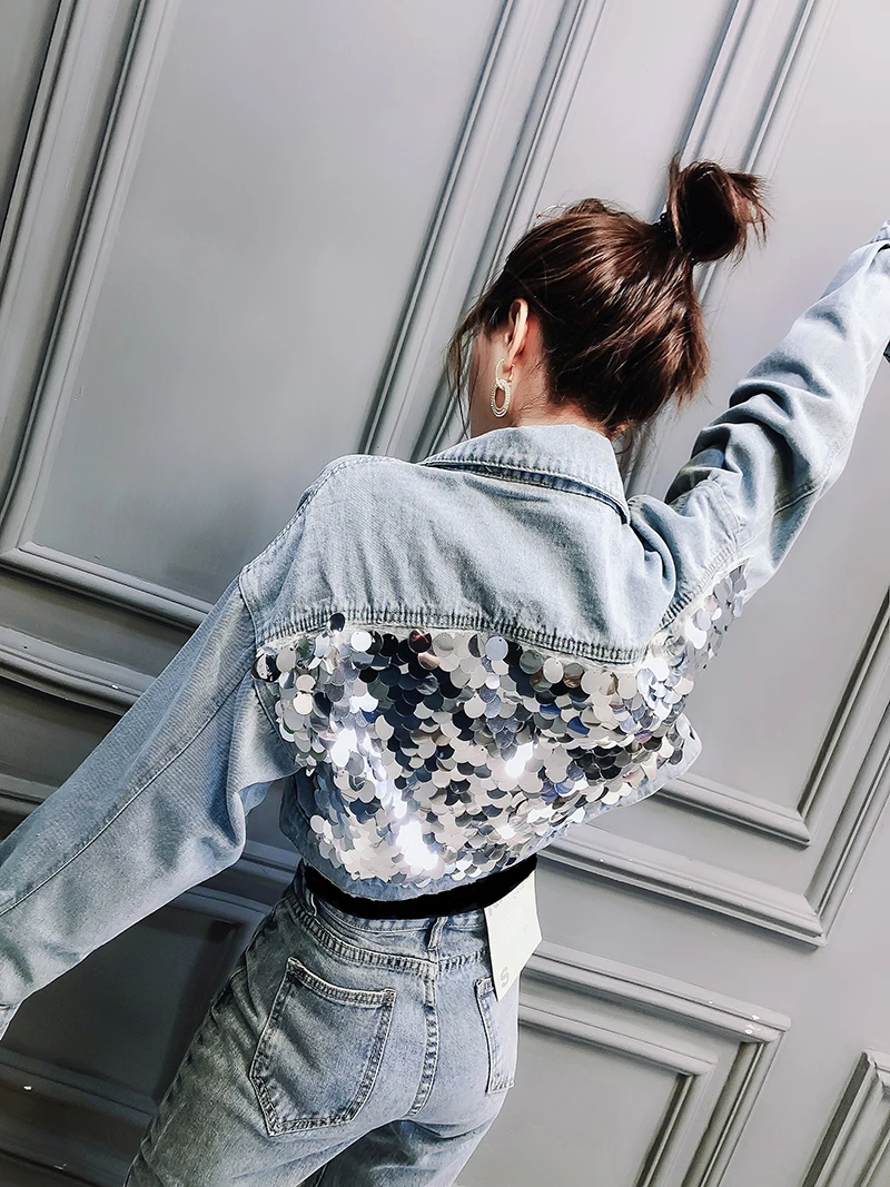 Новое Женское джинсовое пальто Jaket куртки с блестками на весну и осень