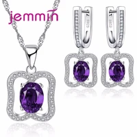 new luxury wedding jewelry set 925 sterling silver purple cz stone women pendant necklaceearrings set jewelry