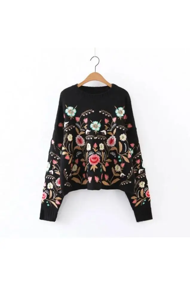 Symmetric Botanical Embroidered Jumper Black Long Sleeve Casual Boho Pullovers 2017 Autumn Ladies Sweaters | Женская одежда