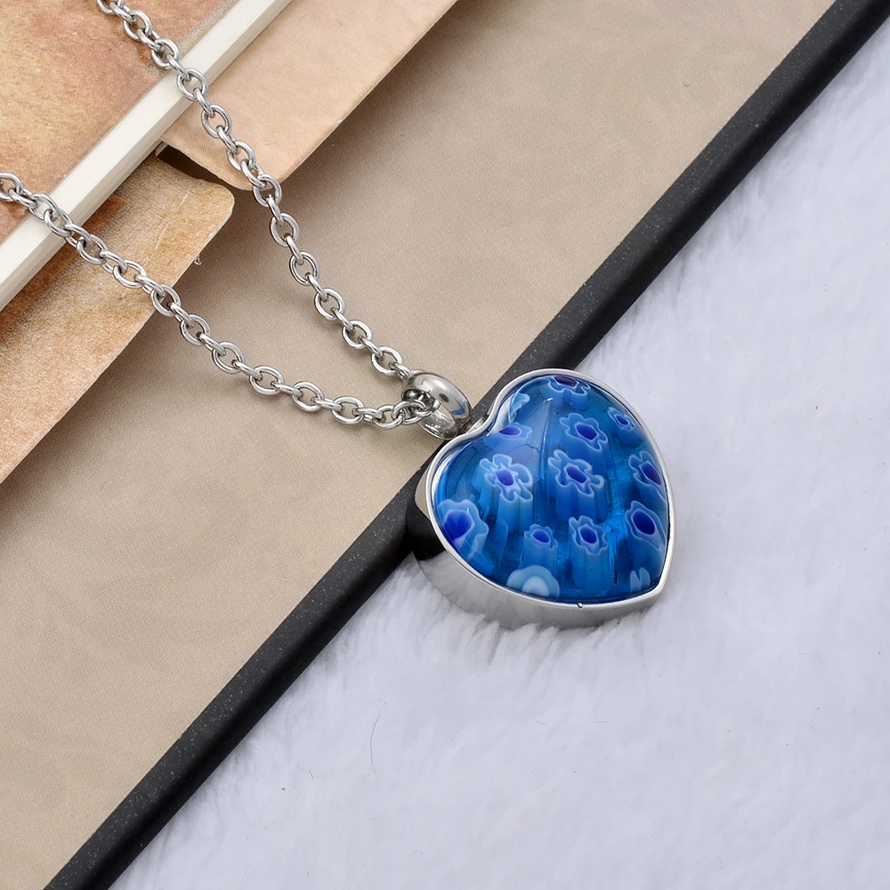 Blue Glass Heart Cremation Urn Necklace Memorial Jewelry Stainless steel Ashes Keepsake 316 L Health | Украшения и аксессуары