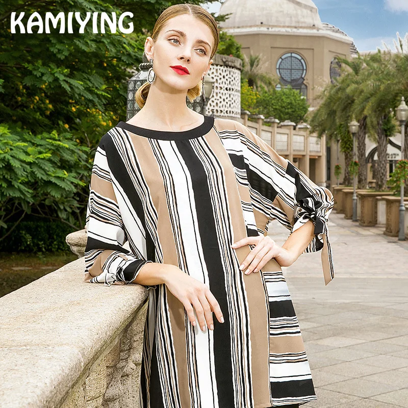 KAMIYING, весна, новинка, средняя длина, круглый воротник, свободный, для отдыха, свитер в полоску, пэчворк, рубашка с подолом