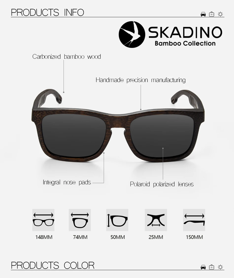 SKADINO бамбуковые деревянные солнцезащитные очки для женщин и мужчин UV400 поляризованные солнцезащитные очки модные черные серые линзы ручной работы брендовые крутые
