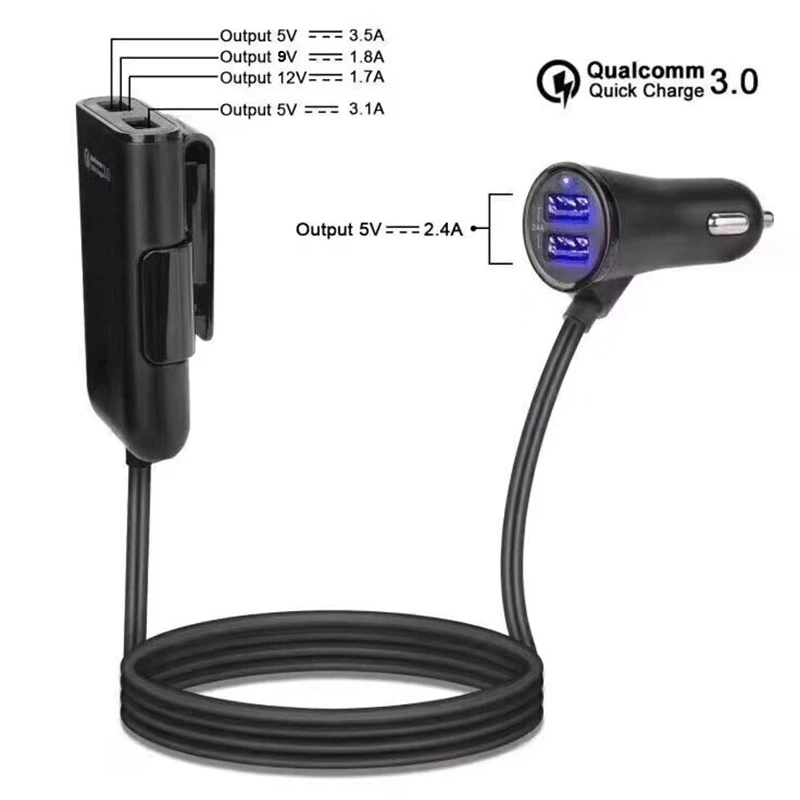 Автомобильное зарядное устройство QC3.0 + 2.4A 3.1A с 4 USB-портами и кабелем 5 6 футов для