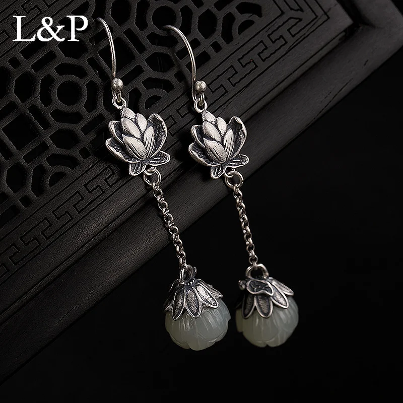 

L&P Real 100% 925 Sterling Silver Vintage Louts Natural Jade Drop Earrings For Women Fine Silver Jewelry For Anniversary Brincos