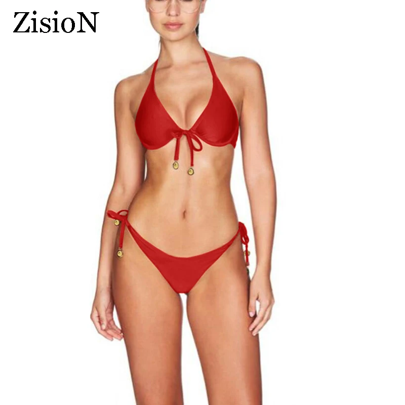 ZisioN 2019 сексуальный комплект бикини с лямкой на шее женский купальник косточках