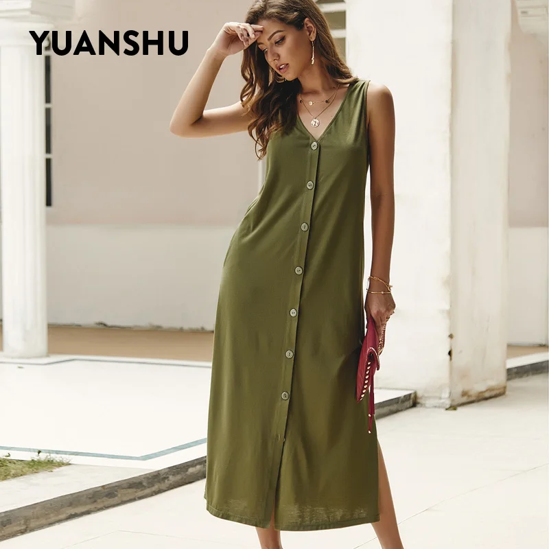 YUANSHU Elegant Maxi Dress Women Summer Solid Sleeveless V Neck Single Breasted Long Off Shoulder Office Ladies Dresses | Женская одежда