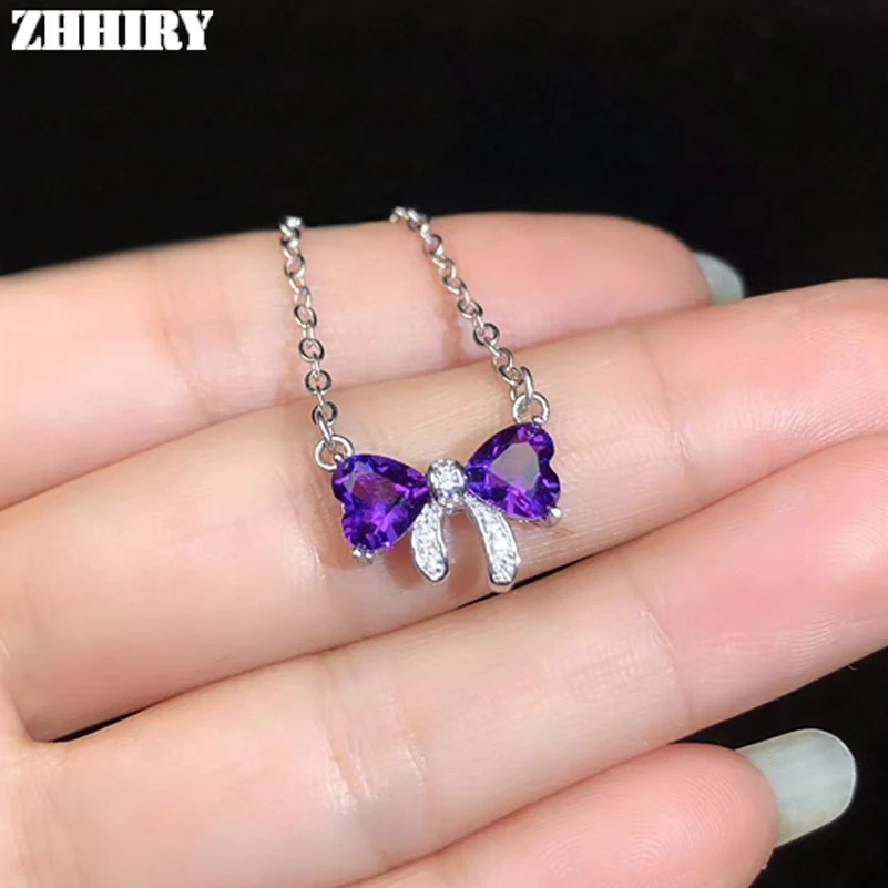 

ZHHIRY Women Real Natural Purple Amethyst Silver Necklace Pendant Genuine Solid 925 Sterling Silver Fine Jewelry