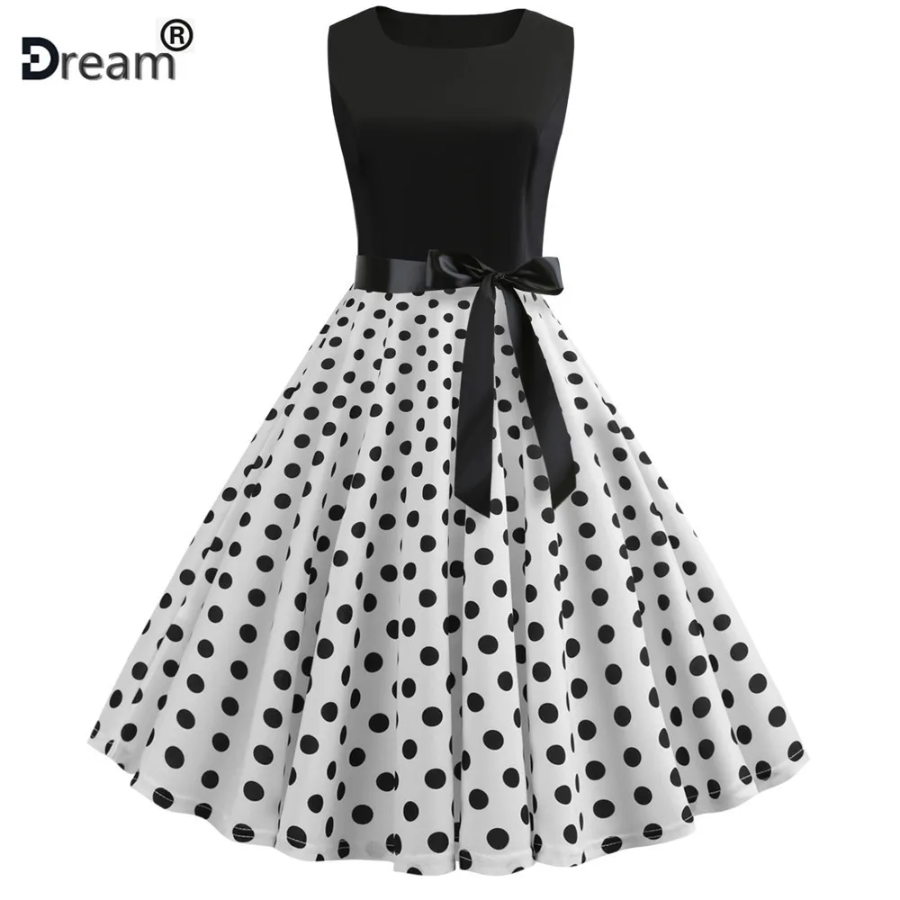 Женское летнее платье без рукавов с принтом в горошек белое винтажное стиле