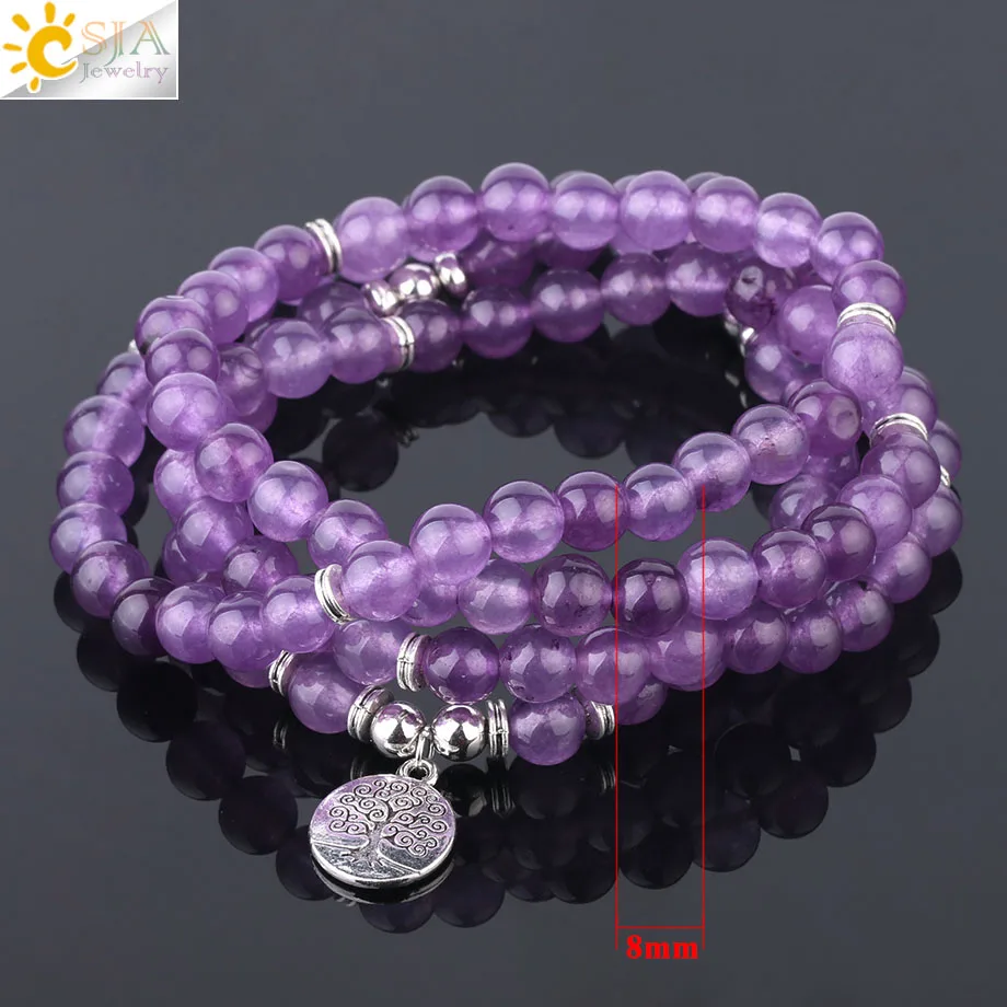 Tree-8mm Csja натуральный камень Йога лечебный браслет 108 бусина мала фиолетовый браслеты со стразами Древо жизни украшения с лотосом Для женщин браслет F628 - Окраска металла: Tree-8mm