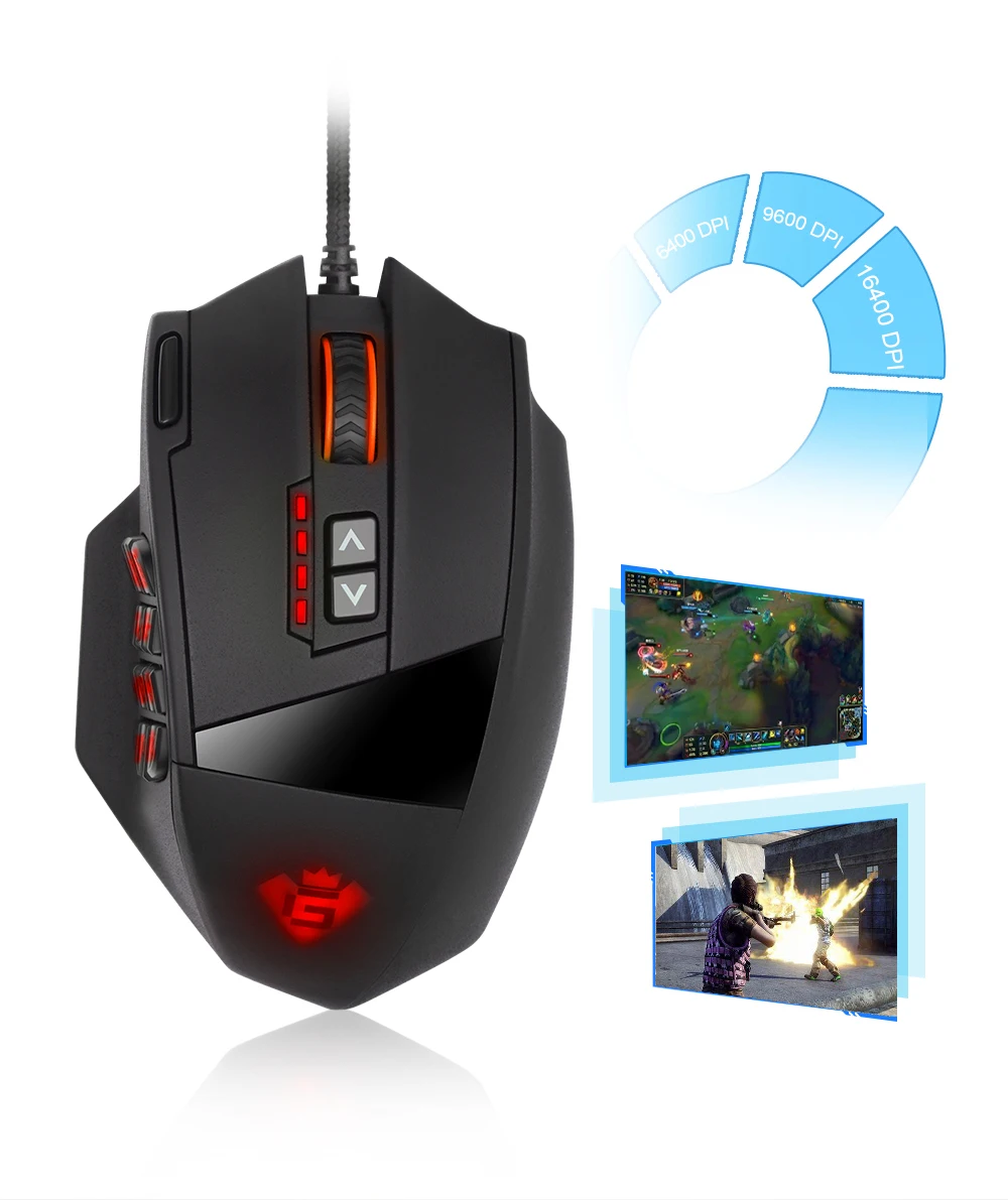 Rocketek игровой серии от 50 до 16400 Точек на дюйм Высокая точность лазерной MMO Gaming Мышь для ПК, 19 шт. Пуговицы [Совместимость с Оконные рамы 10]