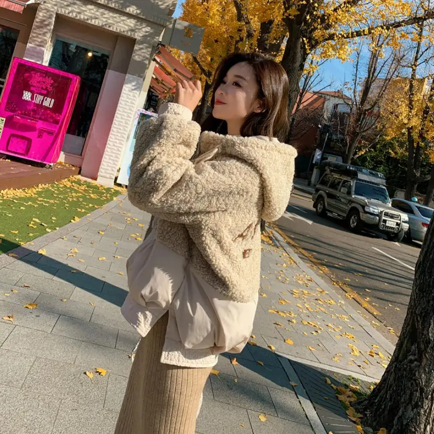Winter Fashion Lamb Hair Splicing Cotton Coat Hooded Thicken Warm Jacket Back Letter Pattern Casual Slim Sustans Outerwear L1775 | Верхняя