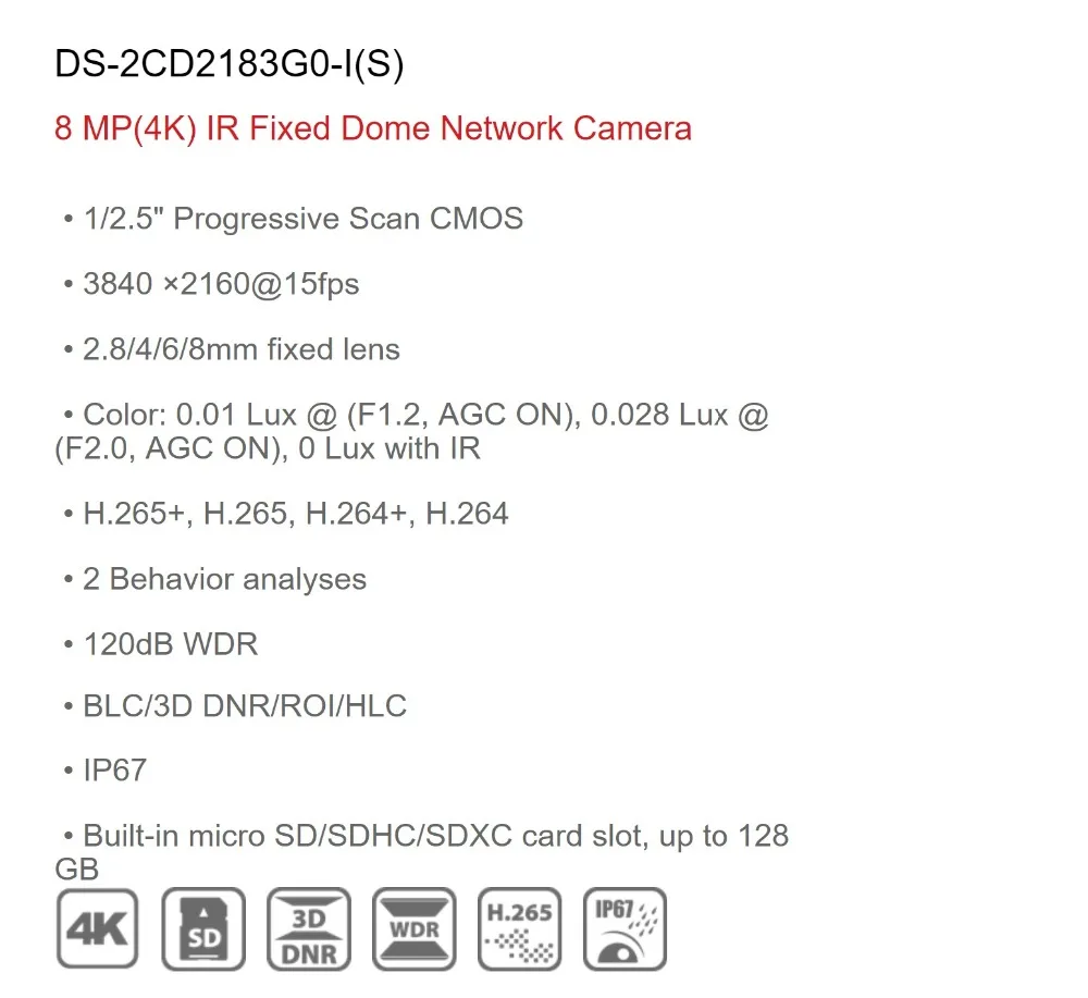 Hikvision 8MP IP камера POE уличная DS-2CD2183G0-I купольная камера безопасности H.265 со слотом для sd-карты и 30 м ночное видение водонепроницаемый