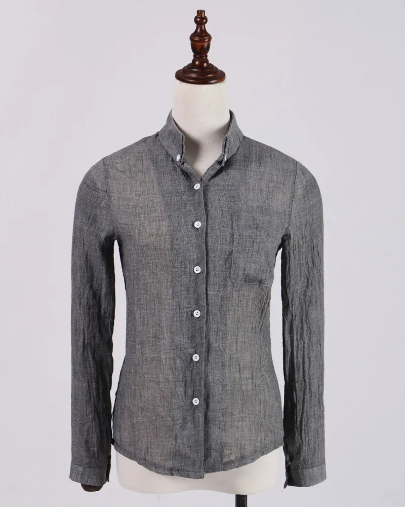 Женская Повседневная Базовая Блузка из хлопка и льна Топ с длинным рукавом