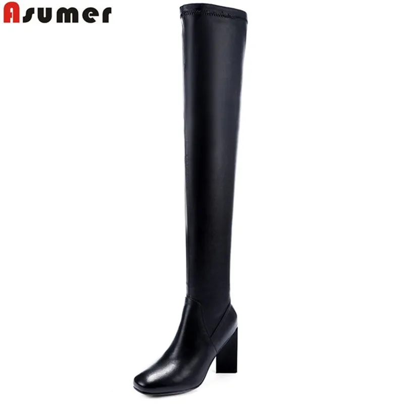 

ASUMER 2021 hot sale new arrive women boots fashion square toe high quality pu+genuine leather ladies black over the knee boots