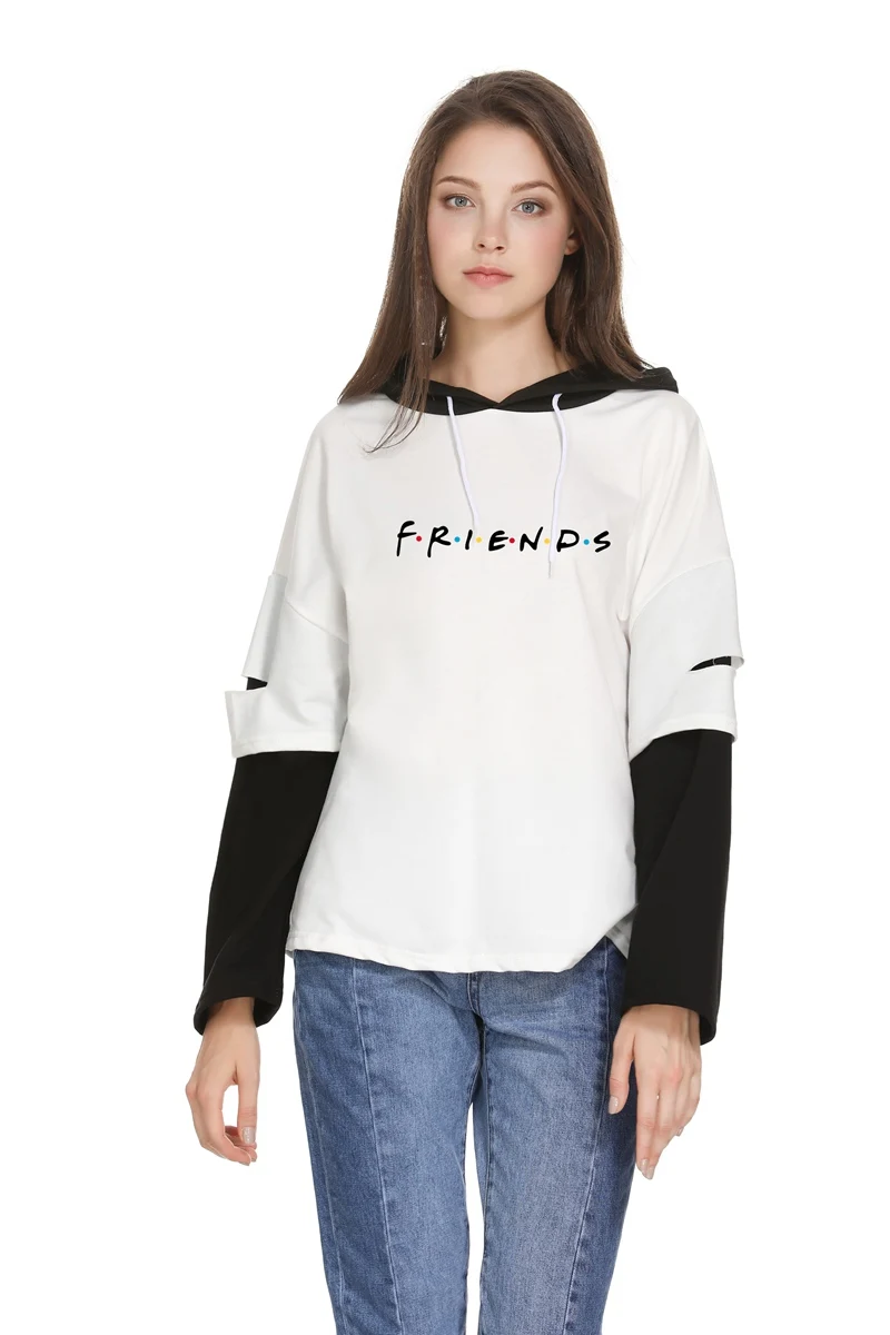 Harajuku Hoodies Women FRIENDS Letter Print Fake Two Patchwork Top Casual Streetwear Korean Female Hooded Sweatshirt y2k Clothes