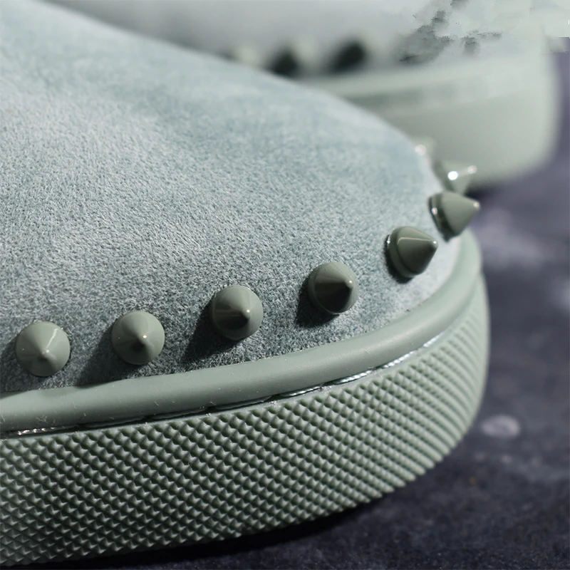 Suede Leather Pattern Flats Men Studded Spikes Red Thick Sole Loafers Male Round Toe Slip On Casual Shoes Rivets Green 48 | Обувь