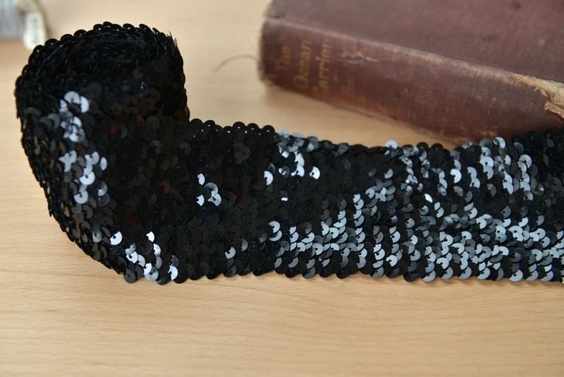 Черная эластичная кружевная лента с вышивкой и блестками для одежды/пояс 5 ярдов