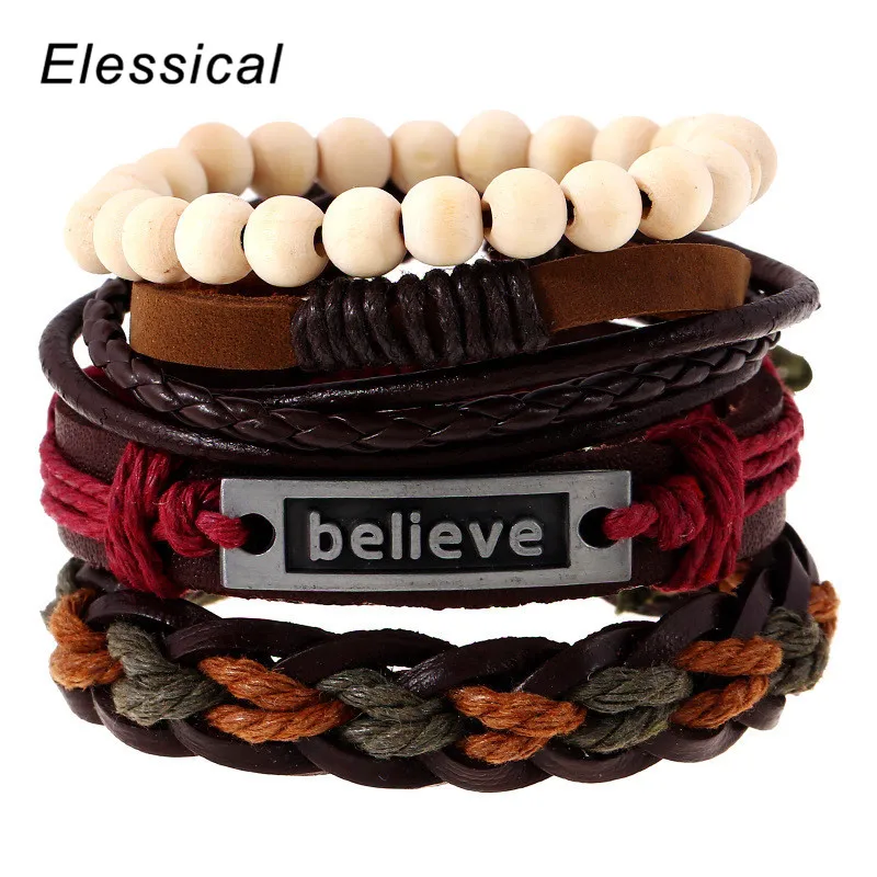 ELESSICAL модные несколько слоев Кожаные браслеты классический бисером DIY веревка