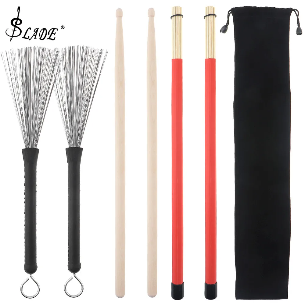 4pcs Jazz Drumsticks Set Include 5A Maple Drum Sticks Bamboo Steel Wire Brushes and Velvet Bag for Musical Instrument