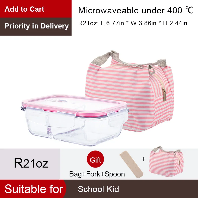 C21oz-Pink Bag Здоровый материал Ланч-бокс 3 отделения коробки микроволновая посуда контейнер для хранения еды Ланч-бокс стеклянный контейнер - Цвет: C21oz-Pink Bag
