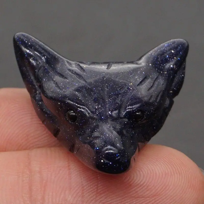 

Wolf Head Pendant Blue Goldstone Sand Figurine Crystal Carved Necklace Fashion Jewelry 1.4"