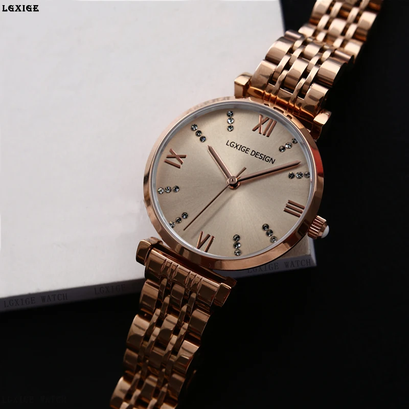 

LGXIGE Luxury Fashion Ladies Watches Rose Gold blck Women Watches Dress Rhinestone Casual Female Waterproof Clock