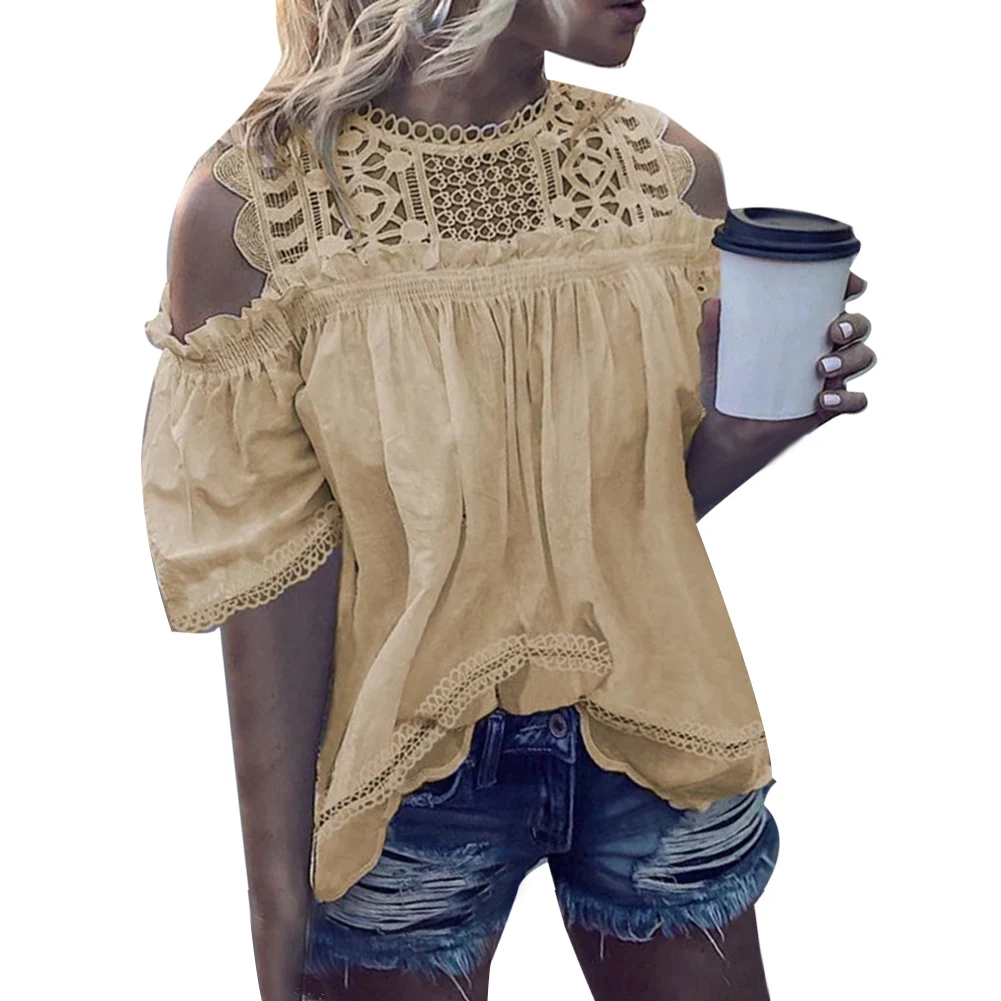 Хит продаж летняя однотонная кружевная женская футболка с коротким рукавом и
