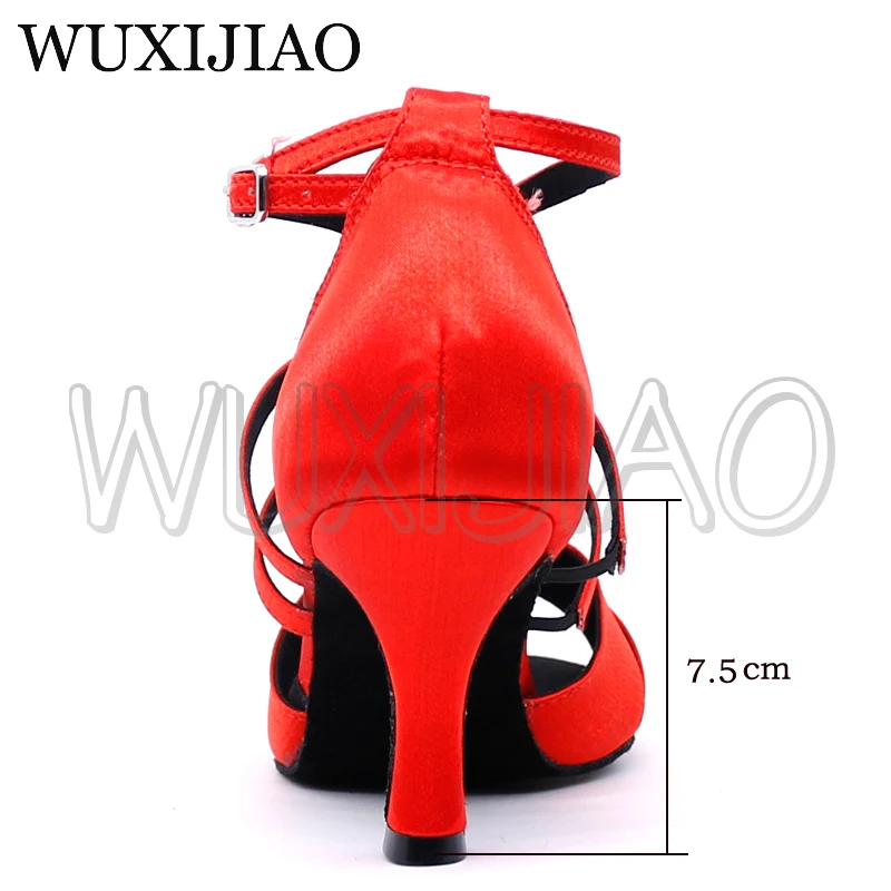 Новые белые латинские танцевальные туфли WUXIJIAO для женщин из атласа с камнями Сальса для бальных танцев на каблуке 5-10 см.