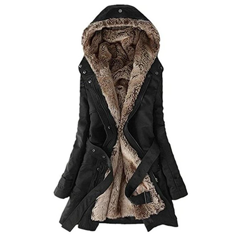 BLACK women jackets Мода, зимнее женское пальто с капюшоном, пальто из искусственного меха, верхняя одежда, теплые длинные парки, женская меховая куртка, пальто, длинная меховая подкладка, пальто - Цвет: BLACK women jackets