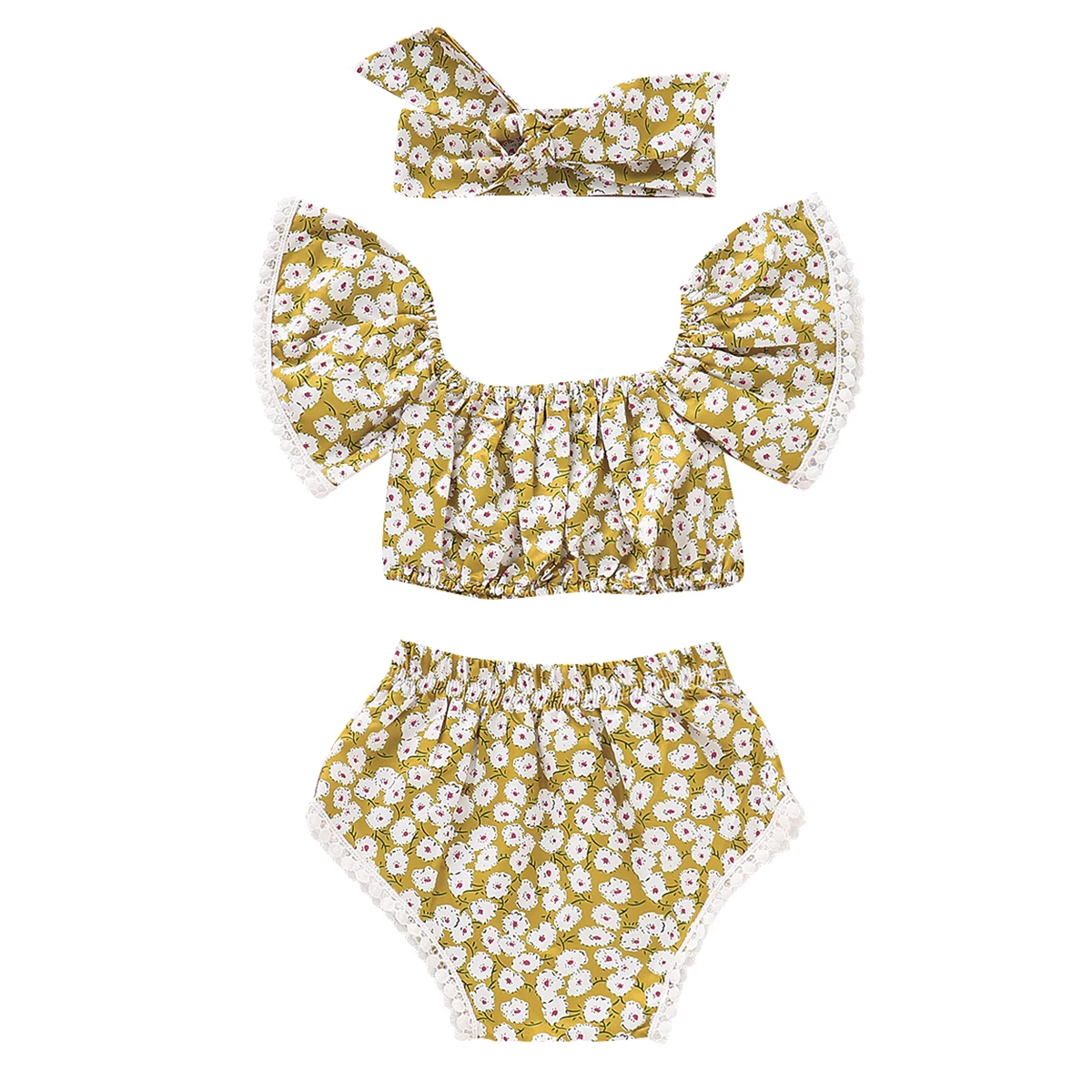 

0-18M Newborn Baby Girl Flower Print Clothes Off shoulder Tassel Ball Crop Tops Bloomers Shorts headband 2/3PC Baby Clothing Set