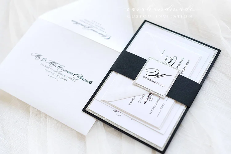 Черный белый серебристый блестящие свадебные приглашения и открытка RSVP