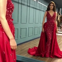 sparkly prom dresses 2020 lace appliques beading sequins red detachable evening dresses arabic formal dresses