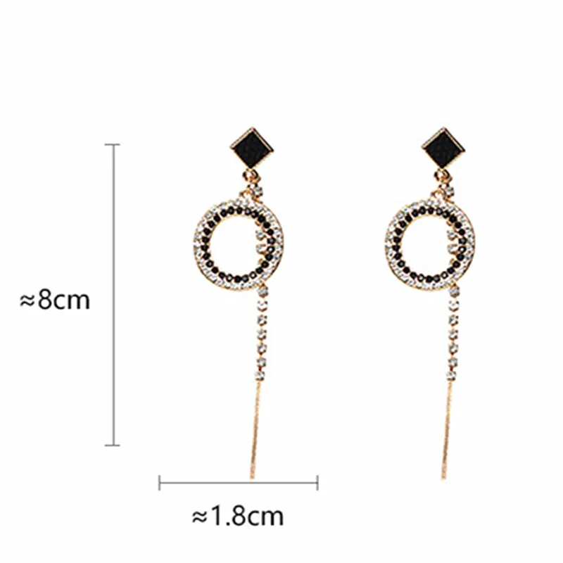 

FYUAN Fashion Black Crystal Round Hoop Earrings Gold Color Long Rhinestone Tassel Earrings for Women Wedding Jewelry