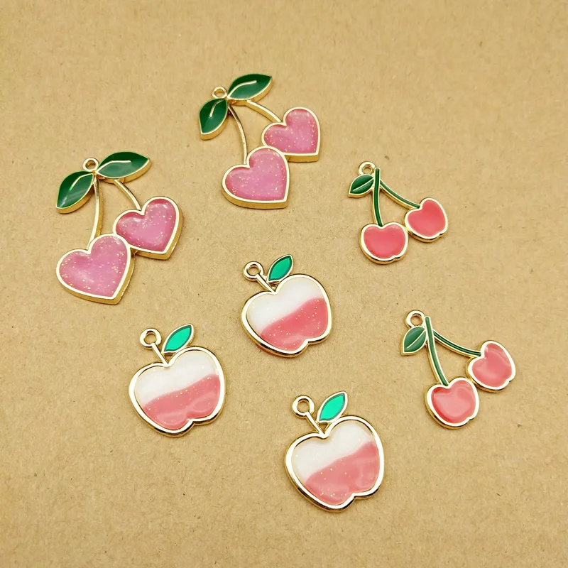 10 шт Эмаль Цветные Фрукты Яблоко сердце вишня Подвески Металлические золотые