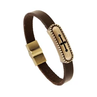 vintage genuine leather cross bracelet men retro gold floating cross charm bracelets bangles women jewelry party gift