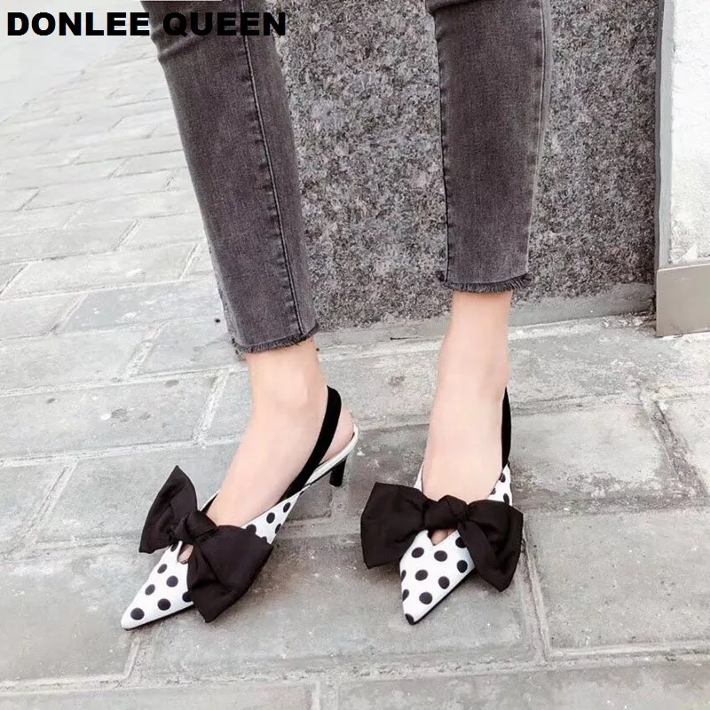 Сандалии в горошек на каблуке с острым носком женские шлепанцы бантом-бабочкой и