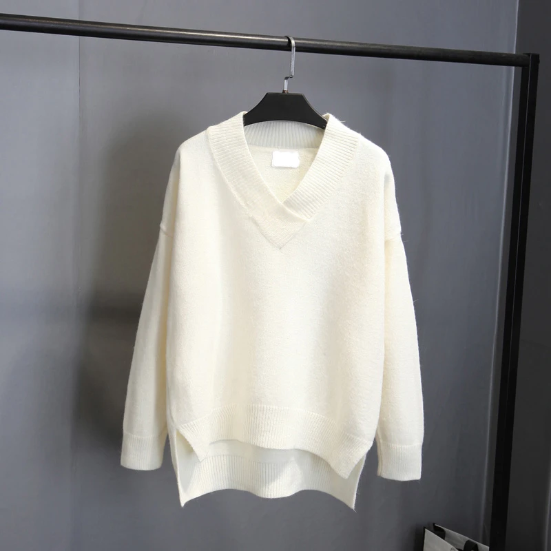 Женский шерстяной вязаный пуловер свободный свитер с V-образным вырезом