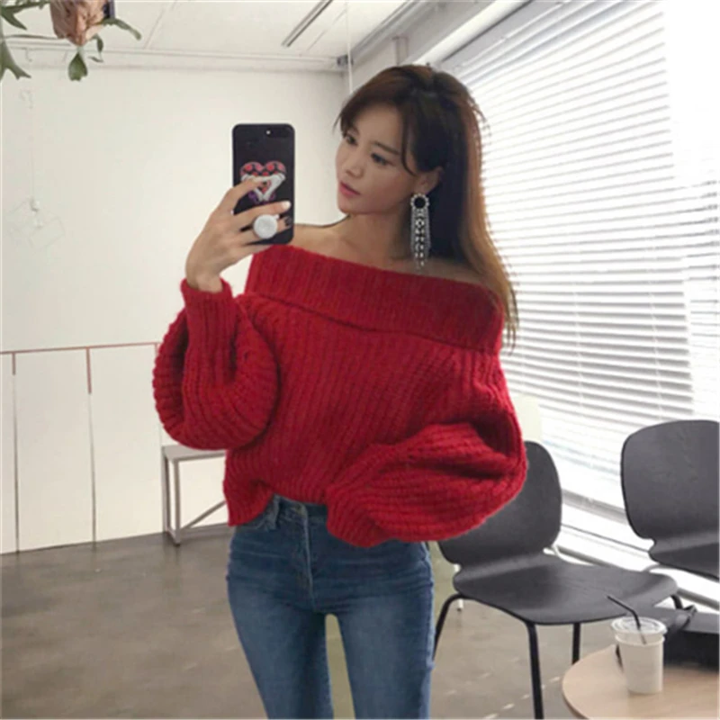 HziriP 2018 Korea Chic Autumn Winter New Women Sweater Long Sleeve Sexy Off Shoulder Pullover Loose Solid Female Elegant Tops | Женская